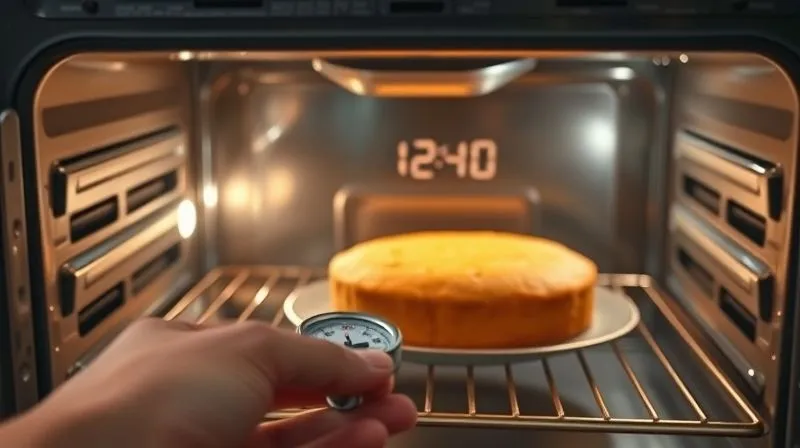 photorealistic, professional photography, 8K, cinematic lighting, sharp focus, depth of field, shot on a high-end DSLR. A warm, inviting kitchen scene. A golden-brown, perfectly risen gluten-free almond cake is visible through the glass door of a modern oven, bathed in the soft glow of the oven light. A kitchen timer shows a few minutes remaining. In the foreground, a hand gently places an oven thermometer on a rack. The atmosphere is cozy and anticipatory.