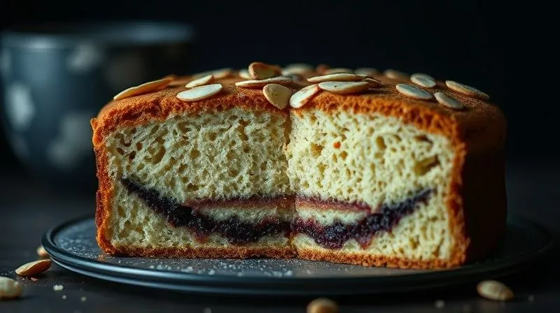photorealistic, professional photography, 8K, cinematic lighting, sharp focus, depth of field, shot on a high-end DSLR. A cross-section of a failed gluten-free almond cake showing a dense, dark, and underbaked layer (zakalec) at the bottom, contrasting with a slightly risen top. The lighting is dim and slightly melancholic, emphasizing the disappointment. Focus on the distinct separation of layers. No human presence.