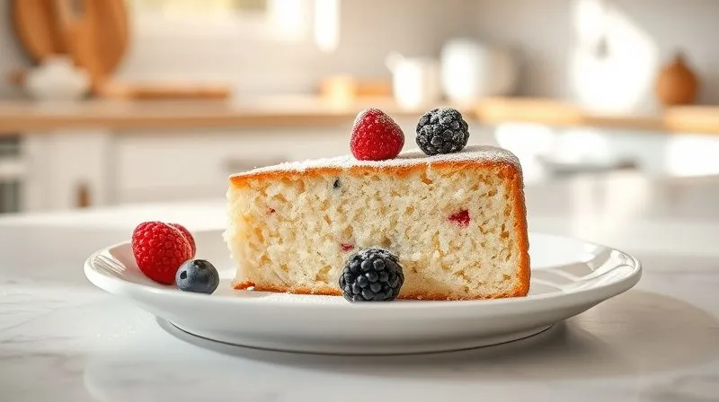 photorealistic, professional photography, 8K, cinematic lighting, sharp focus, depth of field, shot on a high-end DSLR. A beautifully plated slice of gluten-free almond cake, light and fluffy, garnished with fresh berries and a sprinkle of powdered erythritol, on a minimalist white plate. The background is a bright, clean kitchen counter with natural light streaming in, emphasizing health and deliciousness. A small portion size is highlighted.