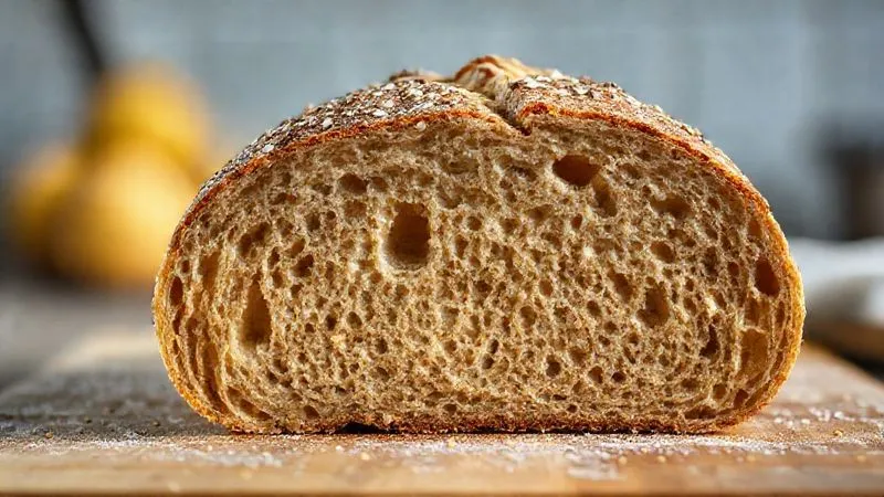 Photorealistic, professional photography, 8K, cinematic lighting, sharp focus on a cross-section of a buckwheat bread loaf showing a dense, gummy 'zakalec' at the bottom, contrasting with a slightly better-risen top part. Depth of field, shot on a high-end DSLR, harsh kitchen light.