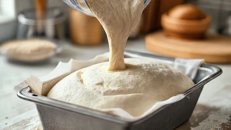 Photorealistic, professional photography, 8K, cinematic lighting, sharp focus on a smooth, slightly aerated buckwheat dough being poured from a blender into a loaf pan, showing its perfect, thick but flowing consistency. Depth of field, shot on a high-end DSLR, soft kitchen light.