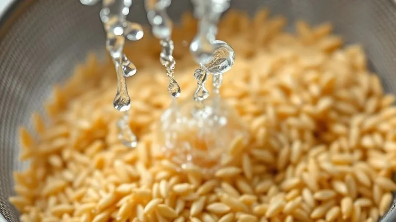A close-up, photorealistic, professional photography shot of dry millet grains being rinsed under a stream of clear cold water in a fine-mesh sieve, with water droplets sparkling. In the background, a perfectly cooked, fluffy pot of millet is subtly blurred. Cinematic lighting, sharp focus on the rinsing process, depth of field, 8K hyper-detailed, shot on a high-end DSLR.