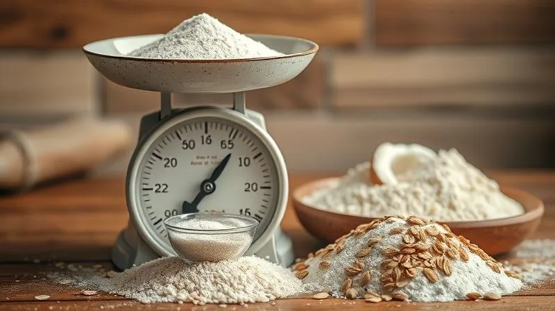 A photorealistic, professional photography shot of a vintage kitchen scale with a small bowl of baking powder and baking soda, next to a pile of various healthy flours (oat, almond, coconut). Cinematic lighting, sharp focus on the precise measurements, depth of field blurring the background, 8K hyper-detailed, shot on a high-end DSLR.