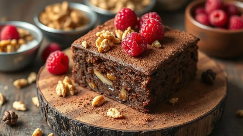 A vibrant, photorealistic, professional photography shot of a perfectly baked fit millet brownie, artfully adorned with a variety of toppings: chopped walnuts, fresh raspberries, and a delicate dusting of cocoa powder. The brownie is on a rustic wooden board, surrounded by bowls of these ingredients. Cinematic lighting, sharp focus on the rich textures, depth of field blurring the background, 8K hyper-detailed, shot on a high-end DSLR.