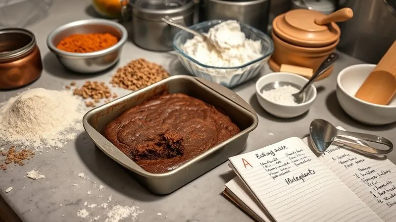 A close-up, photorealistic, professional photography shot of a kitchen counter with various baking ingredients laid out, a half-baked brownie in a pan, and a small notebook with handwritten notes on baking times and ingredient ratios. The scene evokes a sense of experimentation and learning. Cinematic lighting, sharp focus on the details, depth of field, 8K hyper-detailed, shot on a high-end DSLR.