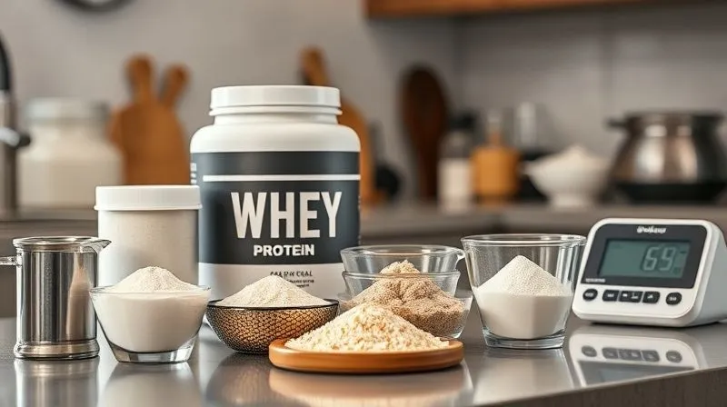 Photorealistic image of a kitchen counter with various protein powders (whey, casein, plant-based) in elegant containers, alongside measuring cups and a digital scale, emphasizing precision and choice. Cinematic lighting, sharp focus on the ingredients, depth of field blurring the background, 8K hyper-detailed.