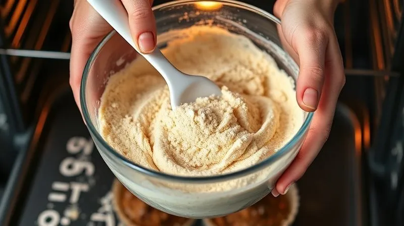 Photorealistic, professional photography, 8K, cinematic lighting, sharp focus, depth of field, shot on a high-end DSLR. A close-up of hands gently folding dry and wet ingredients for protein muffins with a silicone spatula in a glass bowl, emphasizing the 'just combined' texture with a few visible lumps. The background shows a perfectly preheated oven.