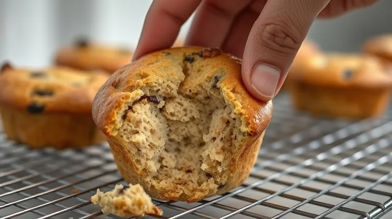 A close-up, photorealistic image of an overly dry, crumbling protein muffin on a cooling rack, with a disappointed hand reaching for it. The muffin is cracked and shows visible signs of dryness. Cinematic lighting, sharp focus, depth of field, 8K, professional photography, shot on a high-end DSLR.