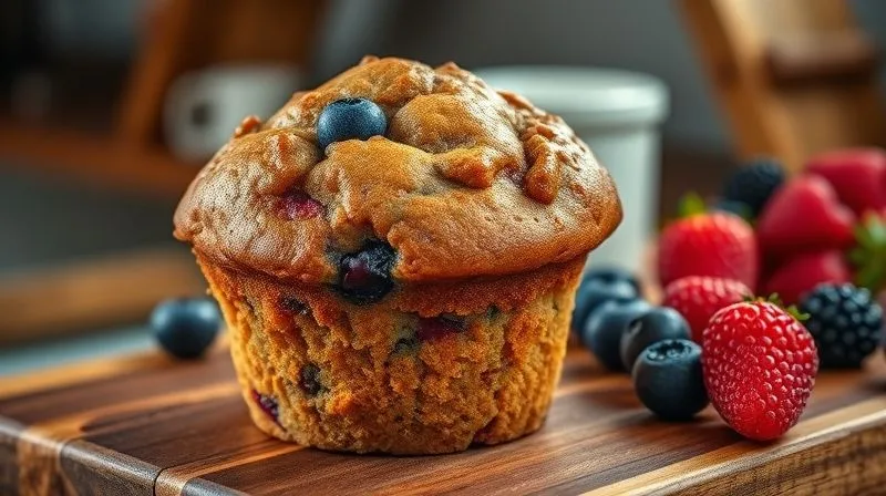 A vibrant, photorealistic image of a freshly baked protein muffin, garnished with berries and a sprinkle of chia seeds, glistening with moisture. The muffin is on a rustic wooden board, with a blurred background of a cozy kitchen. 8K, cinematic lighting, sharp focus, depth of field, professional photography, shot on a high-end DSLR.