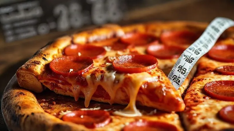 A dramatic, high-contrast photorealistic image of a slice of traditional, greasy pepperoni pizza with cheese stretching, juxtaposed with a measuring tape tightening around it, cinematic lighting emphasizing the unhealthy aspect, sharp focus on the pizza, depth of field blurring a background of health statistics, 8K hyper-detailed.