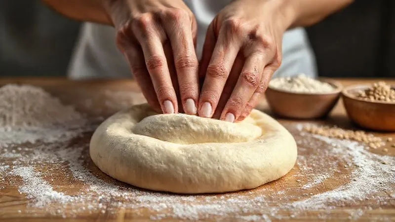 A close-up, photorealistic, professional photography, 8K, cinematic lighting, sharp focus, depth of field, shot on a high-end DSLR, of hands gently kneading a soft, elastic gluten-free pizza dough on a floured wooden surface, with various gluten-free flours (rice, buckwheat, oat) in small bowls in the blurred background, emphasizing the natural ingredients and the tactile process of making healthy food.
