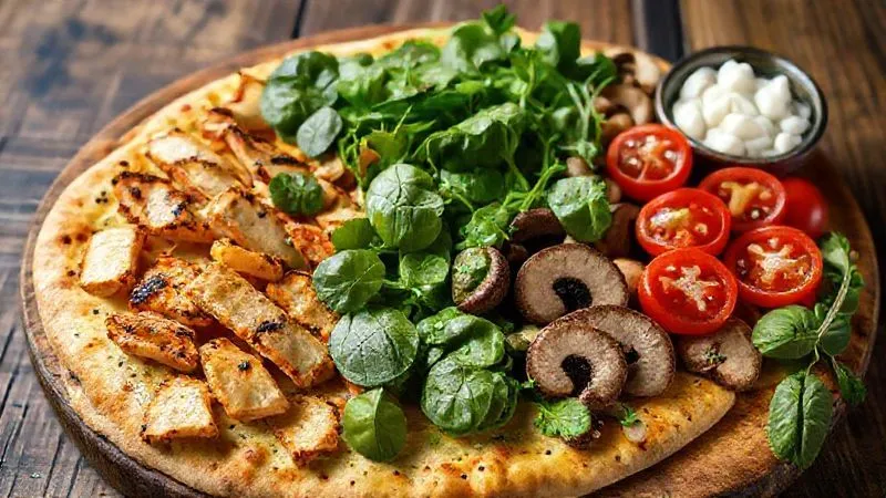 A vibrant, colourful, photorealistic, professional photography, 8K, cinematic lighting, sharp focus, depth of field, shot on a high-end DSLR, of an array of fresh, healthy pizza toppings artfully arranged on a rustic wooden board: lean grilled chicken strips, colorful bell peppers, fresh spinach, sliced mushrooms, cherry tomatoes, and a small bowl of low-fat mozzarella, emphasizing freshness and variety.