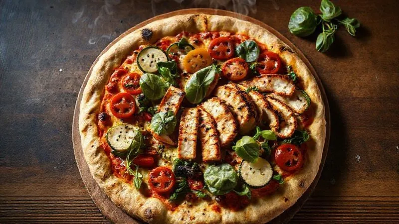 A top-down, photorealistic, professional photography, 8K, cinematic lighting, sharp focus, depth of field, shot on a high-end DSLR, of a perfectly round, thin-crust gluten-free fitness pizza, generously topped with an array of colorful, fresh vegetables like bell peppers, zucchini, spinach, cherry tomatoes, and lean grilled chicken strips, with steam subtly rising, creating an appetizing and healthy visual.
