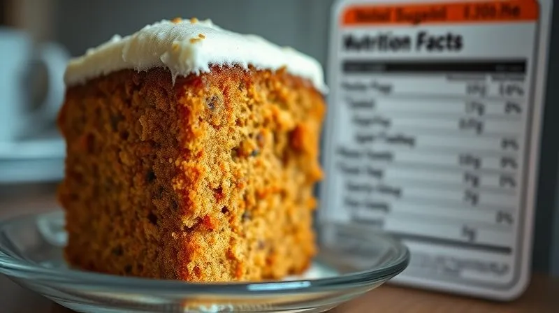 A close-up, photorealistic shot of a traditional, sugar-laden carrot cake slice, slightly out of focus, with a blurred background showing a nutritional label highlighting high sugar and calorie content. Cinematic lighting, sharp focus on the cake, 8K hyper-detailed, professional photography, depth of field.