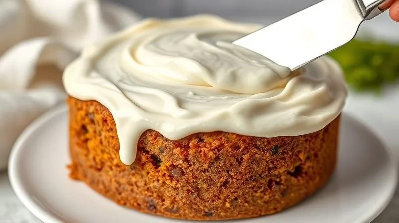 A professional, photorealistic close-up of light, fluffy sugar-free cream cheese frosting being spread evenly over a cooled gluten-free carrot cake, with a palette knife. Soft, natural light, 8K hyper-detailed, professional photography, depth of field.