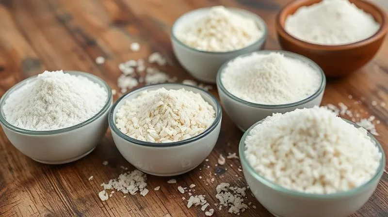 Photorealistic, professional photography of various gluten-free flours in small, elegant bowls on a rustic wooden table. Close-up shot with different textures visible: fine white rice flour, coarser almond flour, fluffy coconut flour, and light tapioca starch. Soft, natural light illuminates the scene, sharp focus on the flours, depth of field blurring the background. Shot on a high-end DSLR, 8K hyper-detailed, inviting and educational.