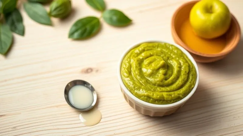 Photorealistic, professional photography of a vibrant green avocado puree in a small bowl next to a spoonful of creamy, white coconut oil and a bowl of unsweetened apple sauce, all on a light wooden background. Cinematic lighting highlights the textures, sharp focus on the ingredients, depth of field blurring the background. Shot on a high-end DSLR, 8K hyper-detailed, inviting and healthy.