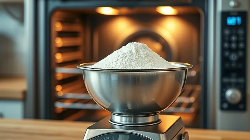 Photorealistic, professional photography of a kitchen scale accurately weighing gluten-free flour in a stainless steel bowl, with a digital oven thermometer visible in the background inside an open oven door. Cinematic lighting highlights the precision, sharp focus on the scale and thermometer, depth of field blurring the surrounding kitchen. Shot on a high-end DSLR, 8K hyper-detailed, emphasizing accuracy.