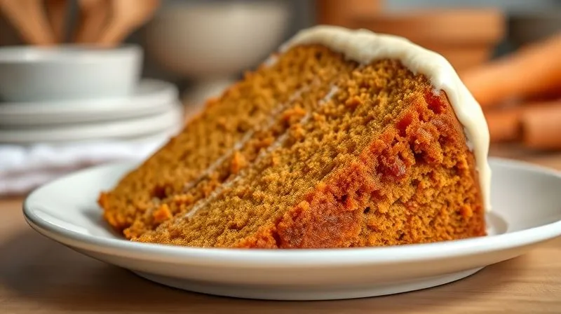 Photorealistic, professional photography of a beautifully sliced gluten-free carrot cake, low-calorie, on a white ceramic plate. The cake shows a moist, dense crumb with visible shredded carrots and nuts (optional). A light, healthy cream cheese frosting (sugar-free) is delicately spread on top. Cinematic lighting creates a warm, inviting glow, sharp focus on the cake slice, depth of field blurring a cozy, home kitchen background. Shot on a high-end DSLR, 8K hyper-detailed, incredibly appetizing and satisfying.