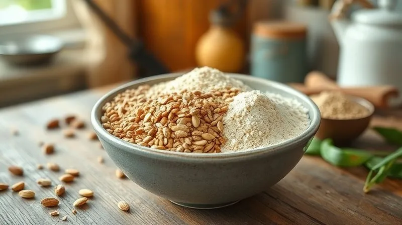 A beautifully arranged bowl of various gluten-free flours (buckwheat, oat, almond) with psyllium husk and chia seeds, natural light, rustic wooden table background, kitchen setting, professional photography, 8K, cinematic lighting, sharp focus, depth of field, shot on a high-end DSLR.