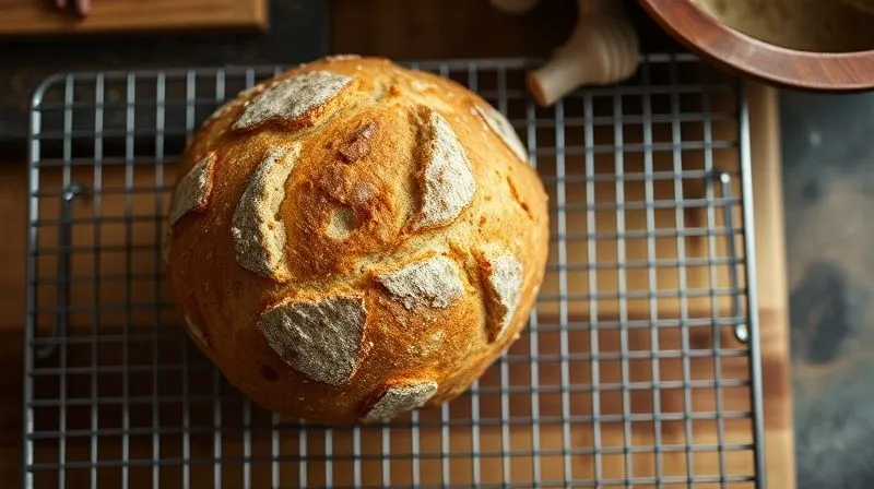 A close-up, top-down shot of a golden-brown, perfectly baked gluten-free bread loaf cooling on a wire rack, steam gently rising from the crust, rustic kitchen setting with soft, warm light, professional photography, 8K, cinematic lighting, sharp focus, depth of field, shot on a high-end DSLR.