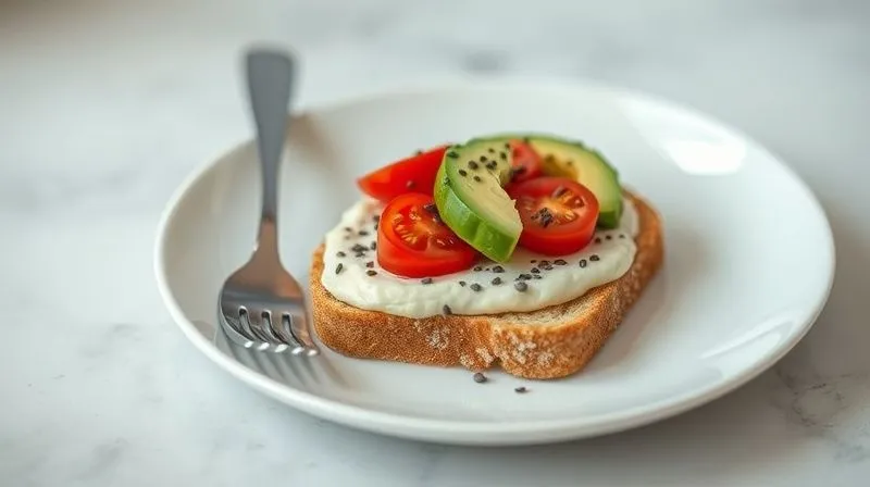 A single slice of perfectly baked gluten-free bread topped with creamy avocado, vibrant cherry tomatoes, and a sprinkle of black chia seeds on a minimalist white plate, with a fork beside it, healthy breakfast aesthetic, professional photography, 8K, cinematic lighting, sharp focus, depth of field, shot on a high-end DSLR.