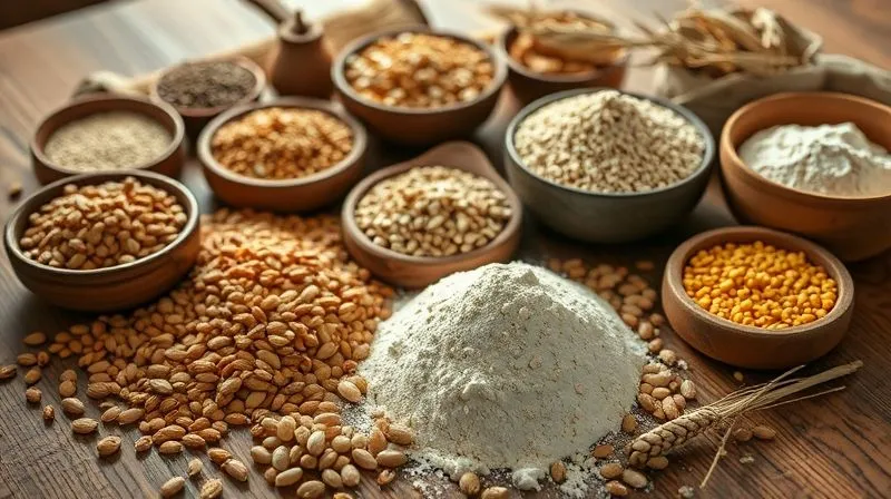 Photorealistic, professional photography, 8K, cinematic lighting, sharp focus, depth of field, shot on a high-end DSLR. A rustic wooden table laden with various whole grains, seeds, and different types of whole wheat flour in bowls, bathed in soft, natural light, emphasizing freshness and quality.