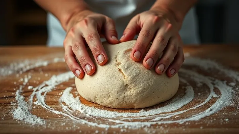 Photorealistic, professional photography, 8K, cinematic lighting, sharp focus, depth of field, shot on a high-end DSLR. A close-up shot of a baker's hands gently kneading a whole-grain dough on a floured wooden surface, showing the elastic texture and visible grains. Soft light illuminates the hands and dough.