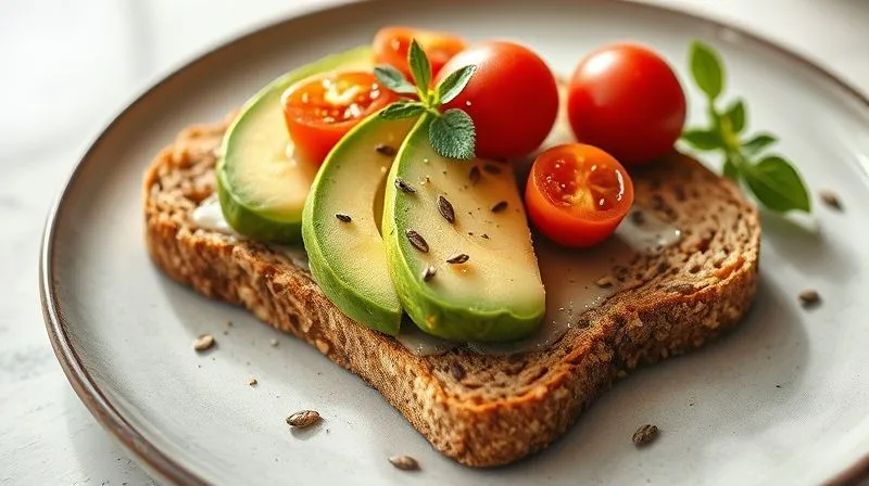 Photorealistic, professional photography, 8K, cinematic lighting, sharp focus, depth of field, shot on a high-end DSLR. A beautifully arranged plate with a slice of whole-grain fit bread, topped with avocado, cherry tomatoes, and a sprinkle of seeds, presented as a healthy, appealing breakfast or snack. Bright, natural light.