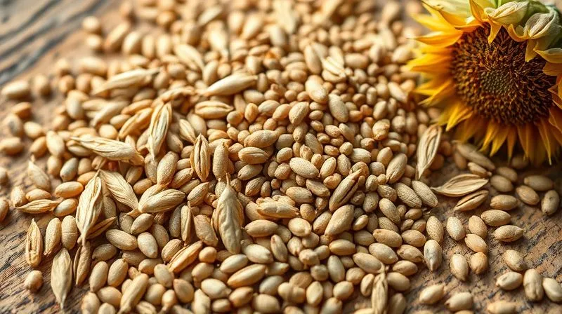 A close-up, photorealistic image of various whole grains and seeds (rye, spelt, flax, chia, sunflower) artfully arranged on a rustic wooden surface, with soft, natural light highlighting their textures, 8K, cinematic lighting, sharp focus, depth of field, shot on a high-end DSLR.