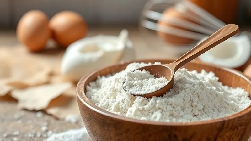A close-up, photorealistic, professional photography shot of a wooden bowl filled with fine, white coconut flour, with a measuring spoon gently resting in it. The background is softly blurred, showing other healthy baking ingredients like eggs and a whisk, all bathed in natural, soft kitchen light. Sharp focus on the texture of the flour, depth of field, 8K hyper-detailed.