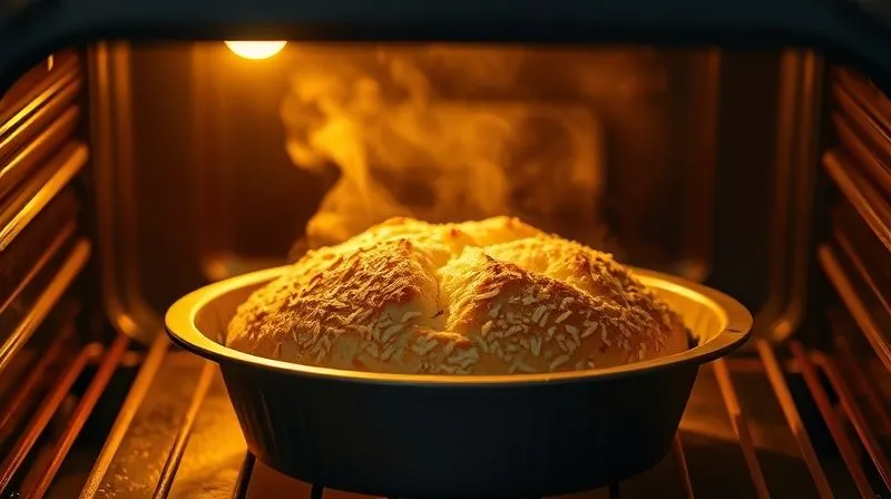 A photorealistic, professional photography shot inside a warm, illuminated oven, showing a golden-brown, perfectly risen coconut bread baking in a loaf pan. Steam is subtly visible, creating a soft haze around the bread. The focus is sharp on the bread's texture, with a gentle depth of field blurring the oven interior. Cinematic lighting, 8K hyper-detailed, inviting and cozy.