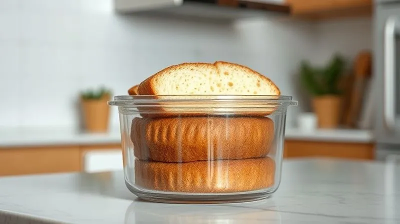 A photorealistic, professional photography image of several slices of moist coconut bread neatly stacked inside a clear, airtight glass container on a clean kitchen counter. The container is sealed, and the background is softly blurred, showcasing a bright, organized kitchen. Sharp focus on the bread and container, depth of field, 8K hyper-detailed, clean and practical.