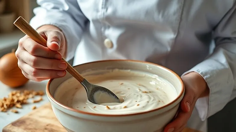 photorealistic, professional photography, 8K, cinematic lighting, sharp focus, depth of field, shot on a high-end DSLR, a close-up shot of a chef's hands gently mixing a thick, creamy batter in a ceramic bowl using a wooden spoon. The batter has visible coconut flakes and seeds. The background is a clean, modern kitchen with soft, natural light.