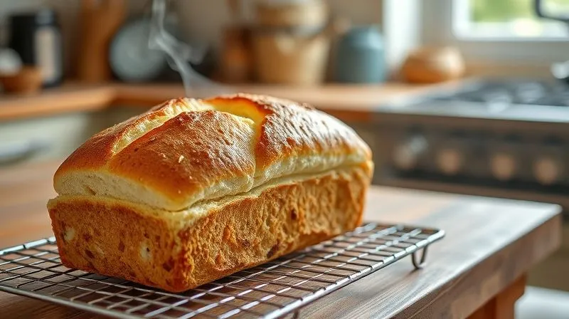 photorealistic, professional photography, 8K, cinematic lighting, sharp focus, depth of field, shot on a high-end DSLR, a perfectly baked, golden-brown coconut fitness bread loaf, still warm, cooling on a wire rack on a rustic wooden table. Steam is subtly rising, indicating freshness. The background shows a soft, inviting kitchen environment.