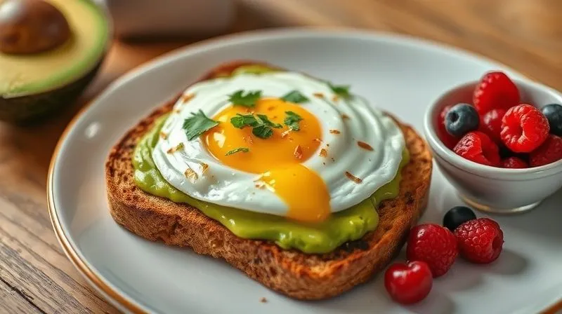photorealistic, professional photography, 8K, cinematic lighting, sharp focus, depth of field, shot on a high-end DSLR, a vibrant, healthy breakfast plate featuring a slice of golden-brown coconut fitness bread topped with creamy avocado, a perfectly poached egg, and a sprinkle of fresh chili flakes and cilantro. A small bowl of fresh berries is next to it. The setting is bright and inviting, suggesting a wholesome start to the day.
