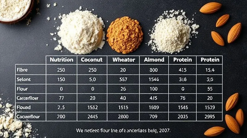 A detailed infographic comparing the nutritional value and caloric density of coconut flour versus wheat flour and almond flour, presented in a clean, modern style with a focus on fiber and protein content. photorealistic, professional photography, 8K, cinematic lighting, sharp focus, depth of field, shot on a high-end DSLR.