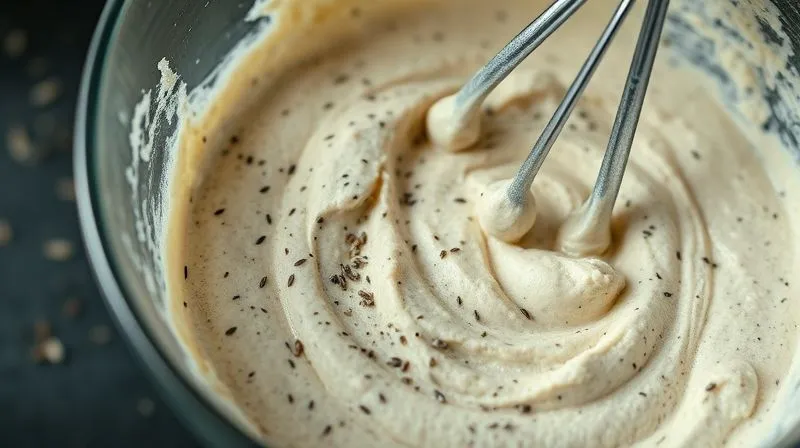 A close-up, photorealistic shot of a bowl of fit coconut bread batter being mixed, showing visible specks of chia seeds and flax seeds, emphasizing the healthy ingredients. Cinematic lighting, sharp focus on the texture, depth of field, 8K, shot on a high-end DSLR.