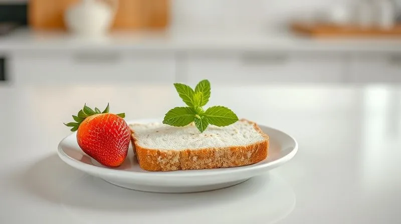 A beautifully arranged, perfectly portioned slice of fit coconut bread on a small plate, accompanied by a single fresh strawberry and a sprig of mint, emphasizing mindful eating and portion control. The background is a clean, bright kitchen counter. photorealistic, professional photography, 8K, cinematic lighting, sharp focus, depth of field, shot on a high-end DSLR.