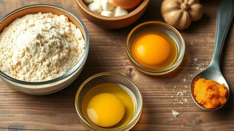 Photorealistic close-up of a rustic wooden table with small bowls of healthy baking ingredients: golden corn flour, a dollop of Greek yogurt, a small pool of olive oil, fresh eggs, and a spoonful of pumpkin puree. Cinematic lighting, sharp focus on the textures, depth of field, 8K, professional food photography.