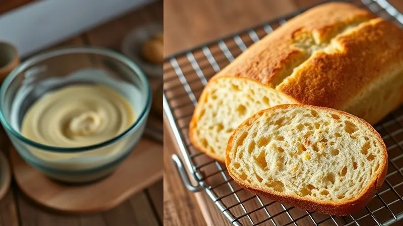A photorealistic, professional photography, 8K image showing the stages of baking fit corn bread: a bowl of perfectly mixed batter ready for the oven, a golden-brown loaf cooling on a wire rack, and a close-up of a slice revealing its airy, moist texture. Cinematic lighting, sharp focus, depth of field, shot on a high-end DSLR.