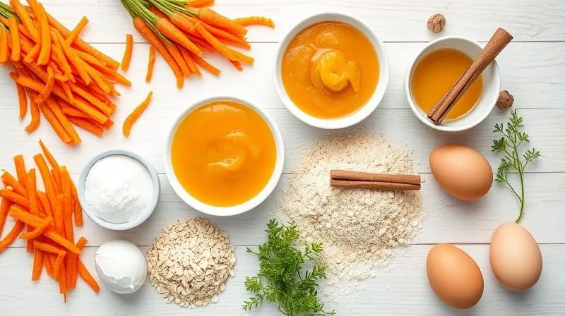 A vibrant, photorealistic flat lay of healthy baking ingredients: finely grated carrots, whole grain spelt flour, oat flour, a bowl of unsweetened applesauce, erythritol in a small dish, cinnamon sticks, ginger powder, and a few whole eggs. The ingredients are artfully arranged on a light wooden surface with soft, diffused natural light, showcasing freshness and quality. Professional photography, 8K, cinematic lighting, sharp focus, shallow depth of field, shot on a high-end DSLR, inviting and clean aesthetic.