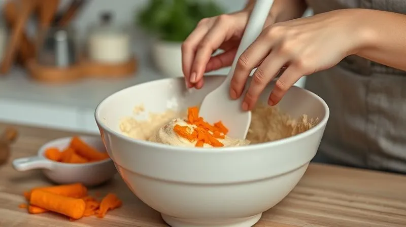 A close-up, photorealistic shot of hands gently folding grated carrots into a light, airy batter in a ceramic bowl using a silicone spatula. The background shows a modern, clean kitchen counter with baking essentials blurred. The focus is on the delicate mixing motion. Professional photography, 8K, cinematic lighting, sharp focus, shallow depth of field, shot on a high-end DSLR, emphasizing careful preparation.
