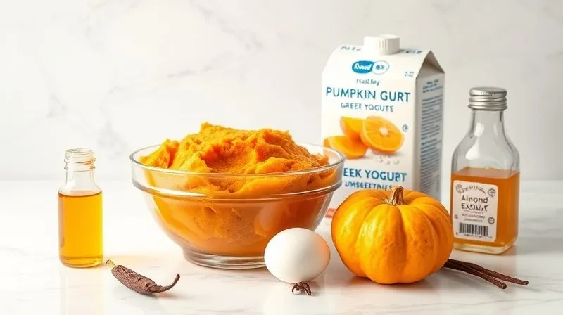 A vibrant, photorealistic still life of healthy baking substitutions: a bowl of unsweetened pumpkin puree, a container of fat-free Greek yogurt, a carton of egg whites, a small bottle of almond extract, and a sprig of fresh vanilla bean. The items are arranged on a clean, white marble surface with soft, studio lighting, emphasizing the freshness and health-conscious alternatives. Professional photography, 8K, cinematic lighting, sharp focus, shallow depth of field, shot on a high-end DSLR, clean and inspiring aesthetic.