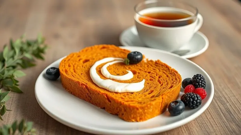 A beautifully styled, photorealistic image of a slice of fit carrot bread served on a minimalist white plate, adorned with a swirl of fat-free Greek yogurt and a sprinkle of fresh berries (blueberries, raspberries). A delicate cup of herbal tea is in the background, out of focus. The scene suggests a healthy, elegant breakfast or snack. Professional photography, 8K, cinematic lighting, sharp focus on the bread and berries, shallow depth of field, shot on a high-end DSLR, clean and appetizing aesthetic.