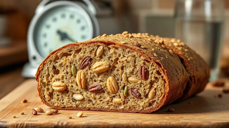 A close-up, photorealistic image of a cross-section of fitness nut bread, showing visible whole nuts and seeds embedded in a dense, wholesome crumb. The bread is on a rustic wooden surface, with a blurred background of a kitchen scale and a glass of water, symbolizing healthy eating and portion control. Professional photography, 8K, cinematic lighting, sharp focus on the bread texture, depth of field, shot on a high-end DSLR, inviting and natural light.