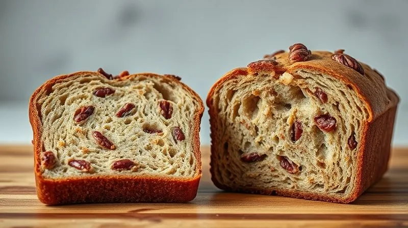 A photorealistic image showing two slices of nut bread: one perfectly golden-brown and moist, the other visibly underbaked with a raw, doughy center. The contrast highlights baking failures. Professional photography, 8K, cinematic lighting, sharp focus on the textures, depth of field, shot on a high-end DSLR, clear visual lesson.