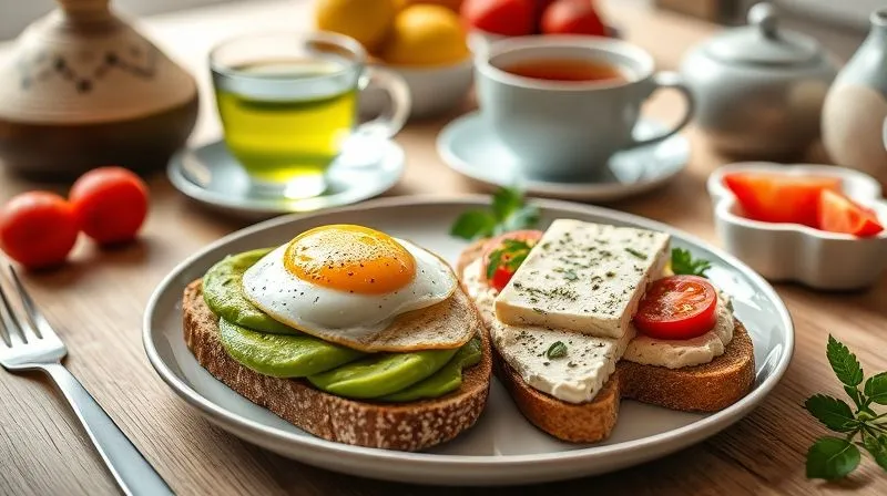 A beautifully arranged breakfast table with a plate of fitness nut bread slices topped with various healthy spreads: avocado and poached egg, hummus with cherry tomatoes, and cottage cheese with herbs. A cup of green tea and fresh fruits are visible in the background, all in a bright, natural light setting. Professional photography, 8K, cinematic lighting, sharp focus on the food, depth of field, shot on a high-end DSLR, emphasizing health and deliciousness.