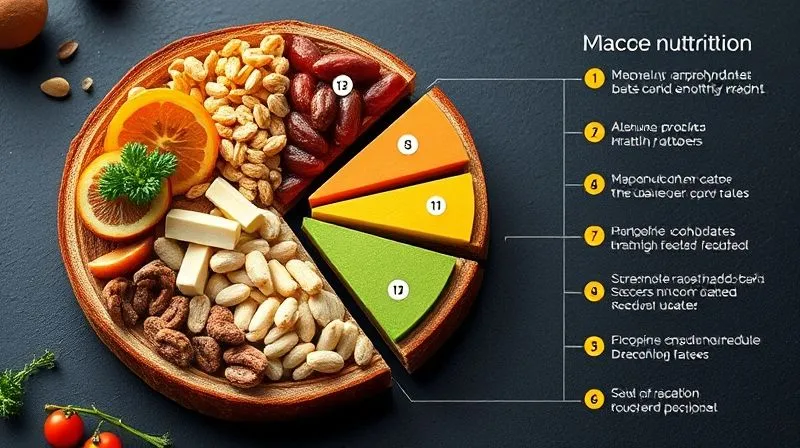A highly detailed, photorealistic infographic showing a pie chart of macronutrient distribution (protein, complex carbohydrates, healthy fats) in a balanced 'fit nut bread' slice. The chart should be vibrant and clear, with small icons representing each macronutrient. Cinematic lighting, sharp focus, 8K hyper-detailed, professional food photography style.