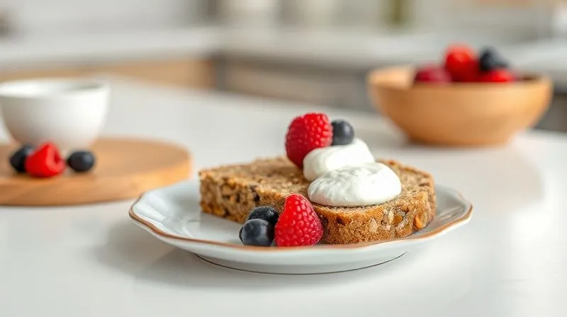 A photorealistic image of a perfectly portioned slice of fit nut bread on a small, elegant plate, served with a minimalistic arrangement of fresh berries and a dollop of Greek yogurt. The scene is bright and airy, suggesting a healthy breakfast or snack. Cinematic lighting, sharp focus on the bread, depth of field blurring a clean kitchen background. 8K hyper-detailed, professional food photography style.